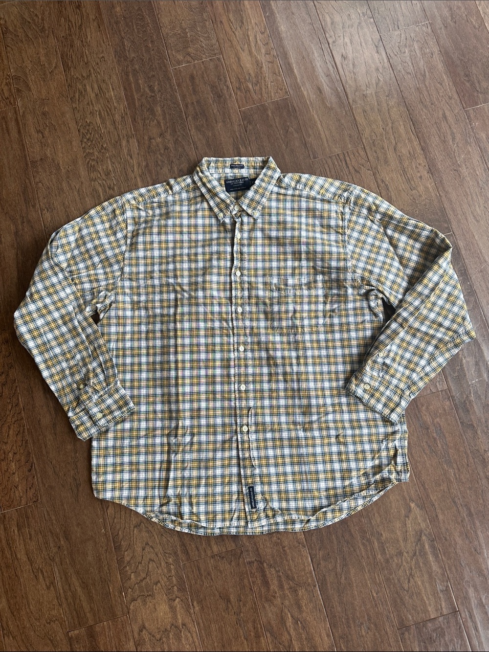 👔American Eagle Outfitters Plaid Chambray Button-Down Shirt – Men’s XXL